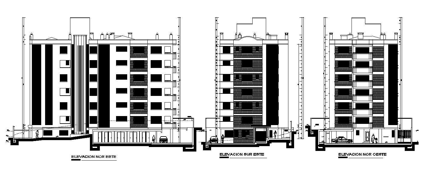 Elevation view of the apartment plan is given in this 2D Autocad drawing file.