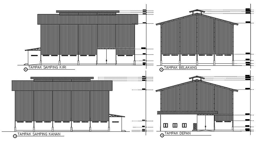 Elevation views of the 296x151 industrial building views