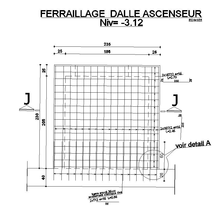 Elevator slab reinforcement details in AutoCAD 2D drawing, CAD file, dwg file