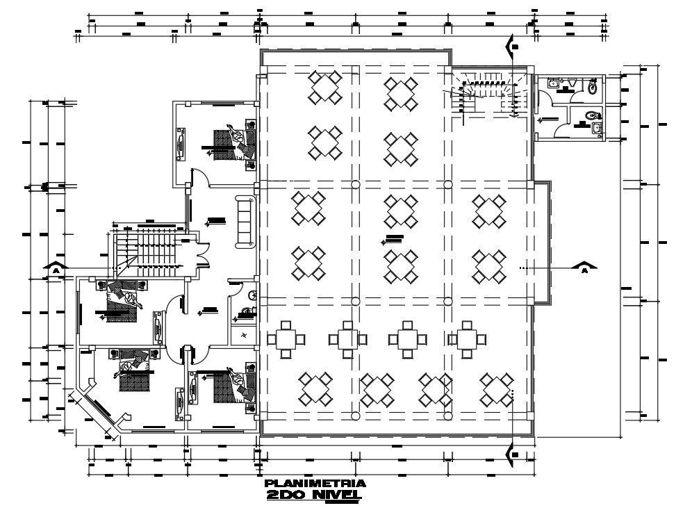 Enlarged plan of Restaurant interior drawing specified in this file | Download 2d autocad drawing file.