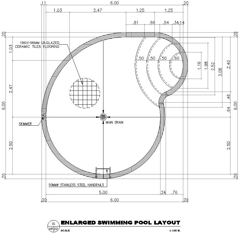 Enlarged swimming pool design with detail AutoCAD drawing