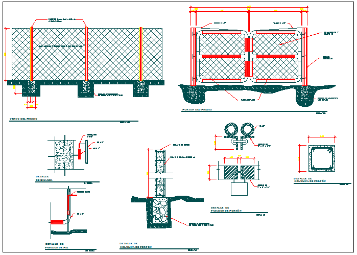 Entrance gate and perimeter fence mesh details of garden dwg file