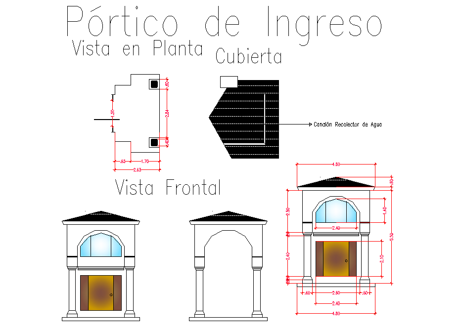Entry portico plan and elevation detail dwg file