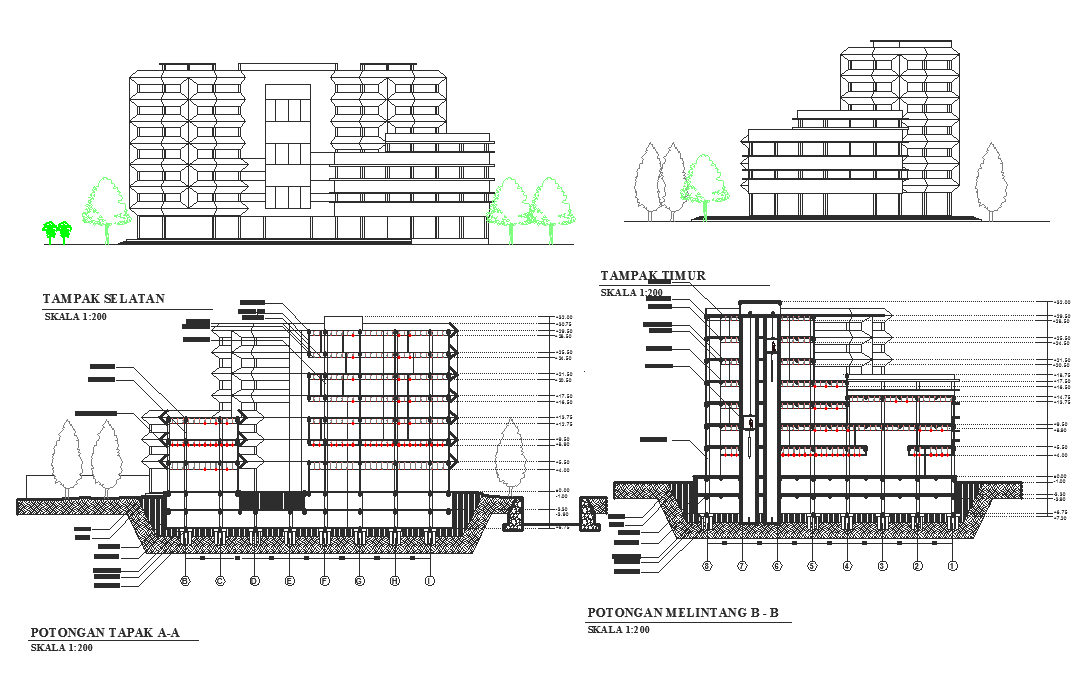 Environmental research center building elevation of Indonesia government dwg file