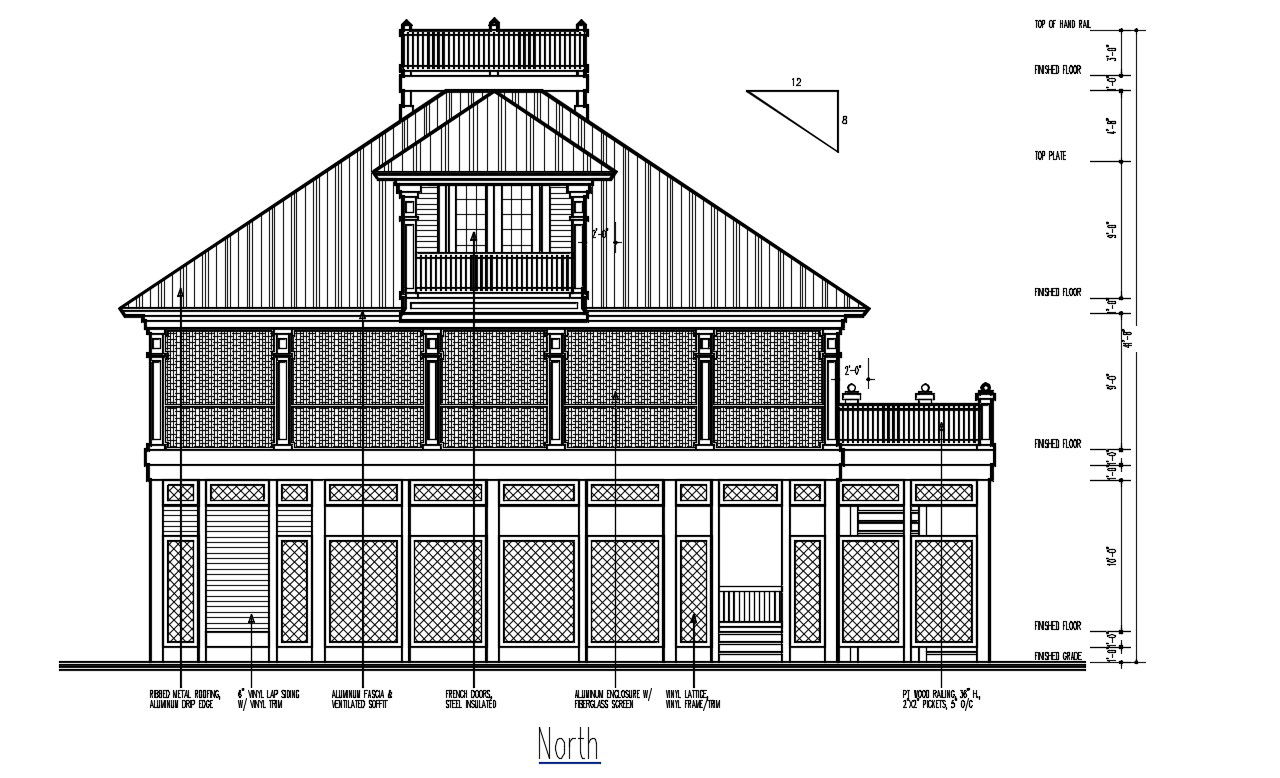 Ethnic Bungalow Elevation With Working Dimension 2D CAD File