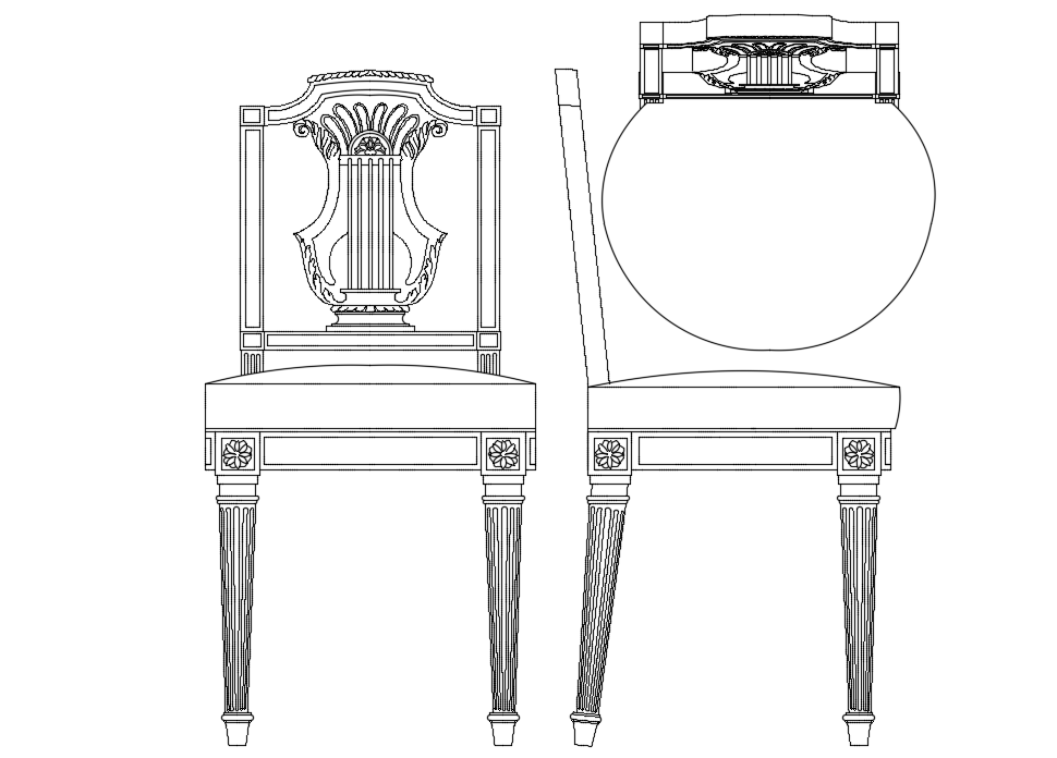 European style design of chair and table with its elevation and side view for furniture block dwg file