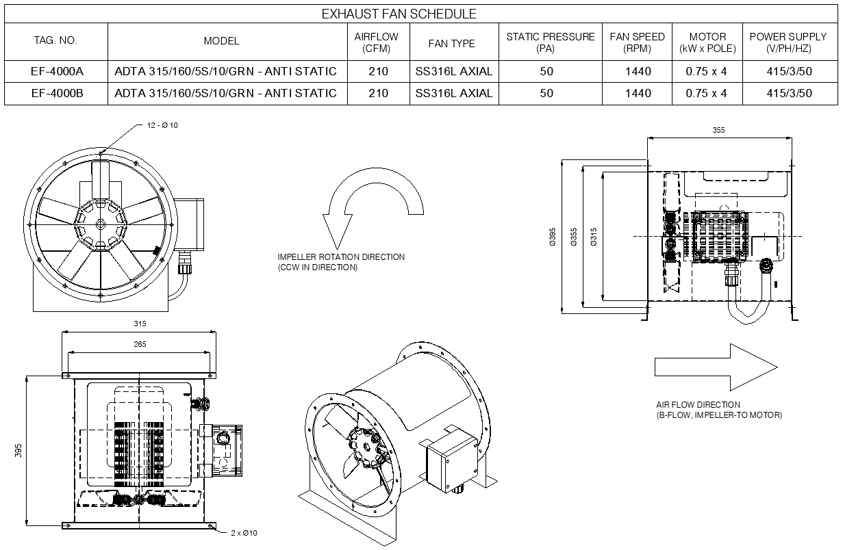 Exhaust Fan Schedule Diagram with Plan Elevation and Section DWG AutoCAD file
