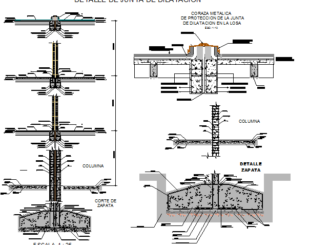 Expansion joints details of concrete beam and column dwg file