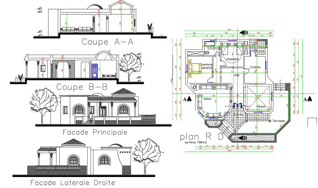 Luxury villa plan 16x16m with detailed CAD drawing