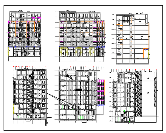 Exterior Elevation of building with 9 floors dwg file