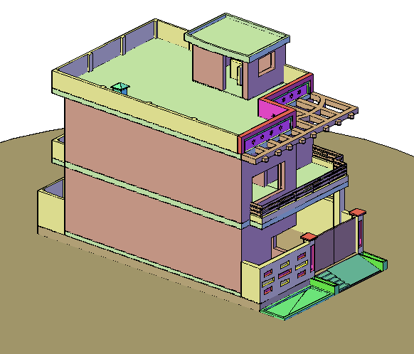 Exterior elevation of a ground plus one floored bungalow dwg file