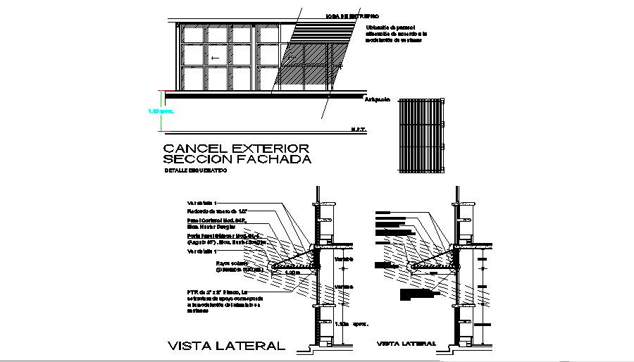 Exterior main section and constructive sectional details of house dwg file