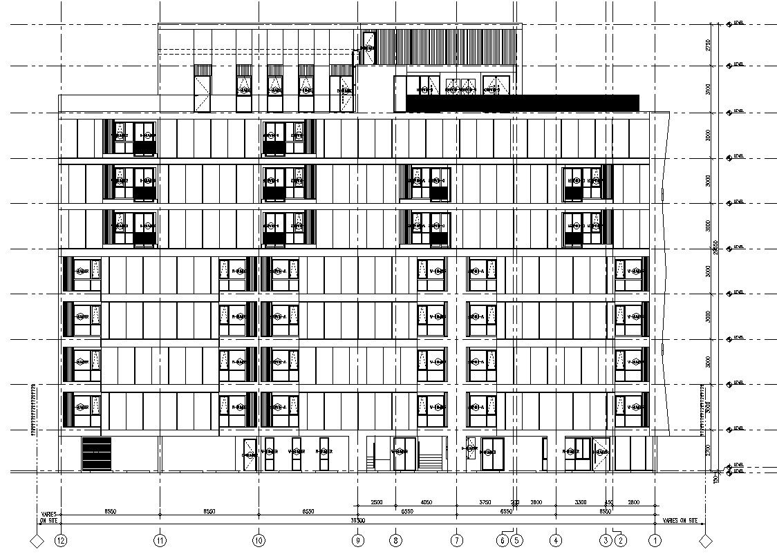 Exterior Front elevation of a building in AutoCAD, dwg file.