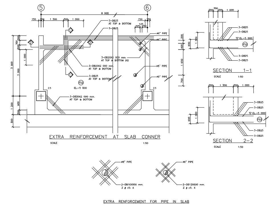 Extra Reinforcement at slab conner section details is given in this AutoCAD DWG file. Download the AutoCAD DWG file.