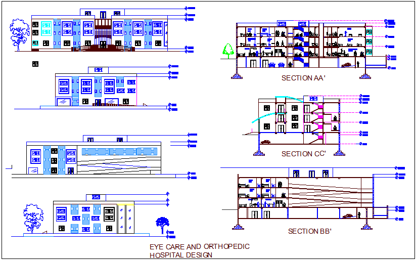 Eye care and orthopedic hospital elevation and section view dwg file