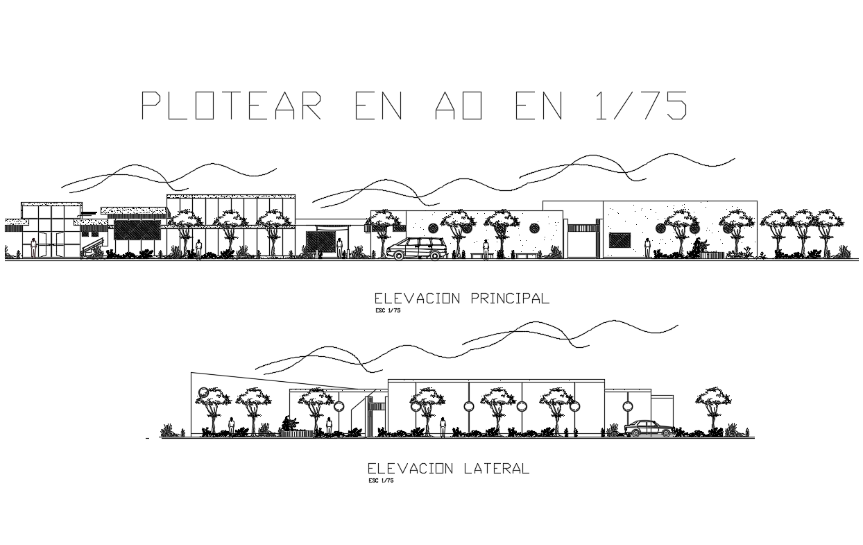 Facade and back elevation details of hotel with bar dwg file