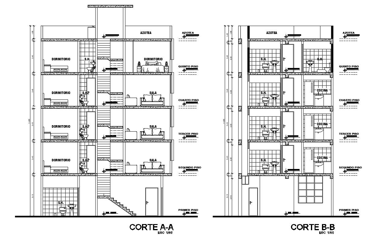 Facade and back sectional details of multi-story apartment building dwg file