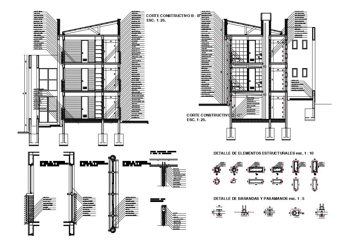 Facade constructive section details of three story house dwg file