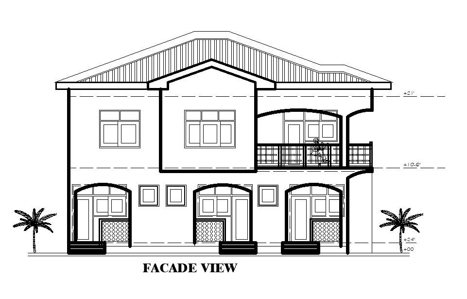 Facade view of 40’x32’ house plan is given in this Autocad drawing file. Download now.