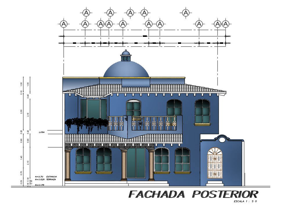 Fachada posterior design of the wonderful house. Download the 2d cad file now.