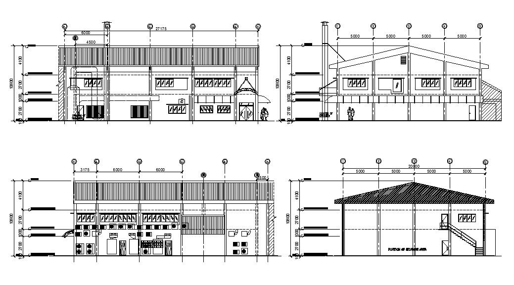Facing and back elevation and section details of annex admin building dwg file