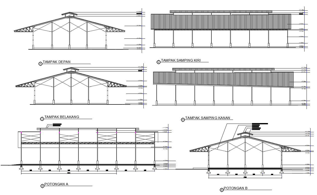 Factory Warehouse design Layout Elevation and Section CAD drawing Download