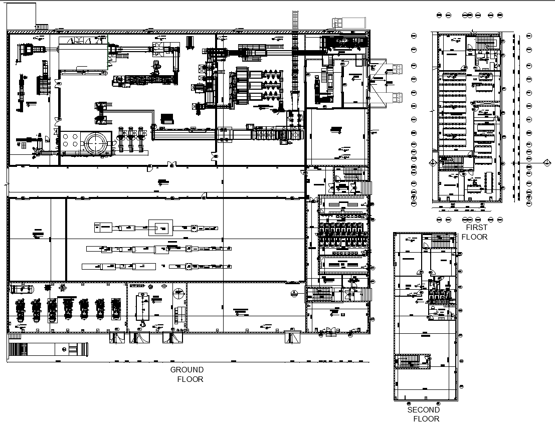 Factory Layout Plan with Ground, First & Second Floor DWG