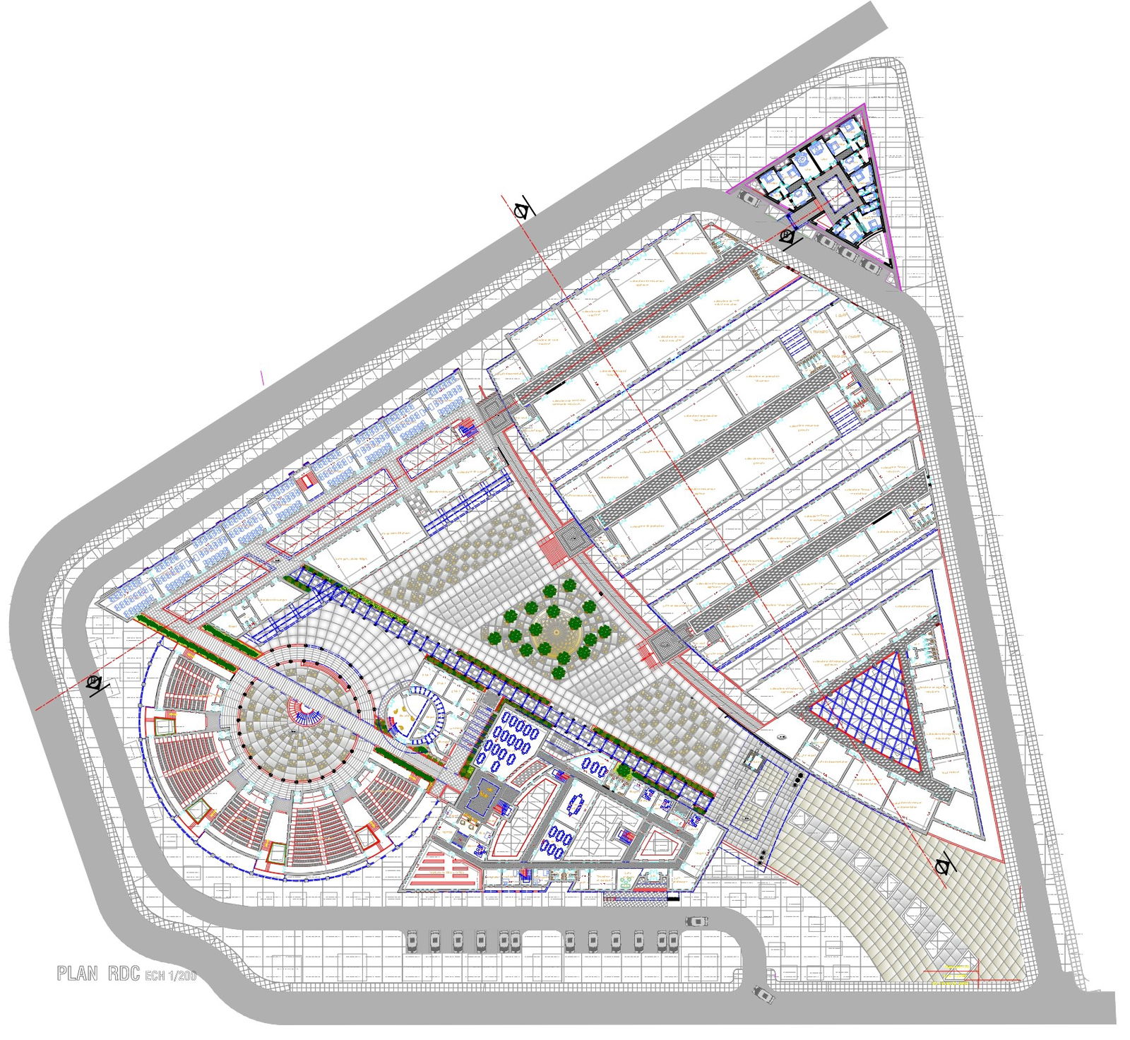 Factory design with test laboratory and auditorium inside plot detailed plan with landscaping DWG autoCAD drawing