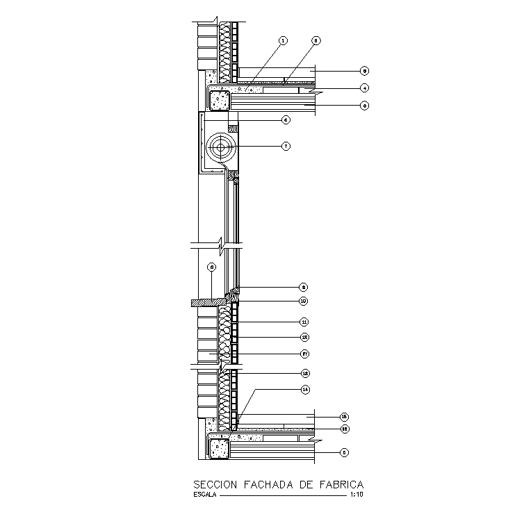 Factory façade section view is given in this Autocad drawing file. Download now.