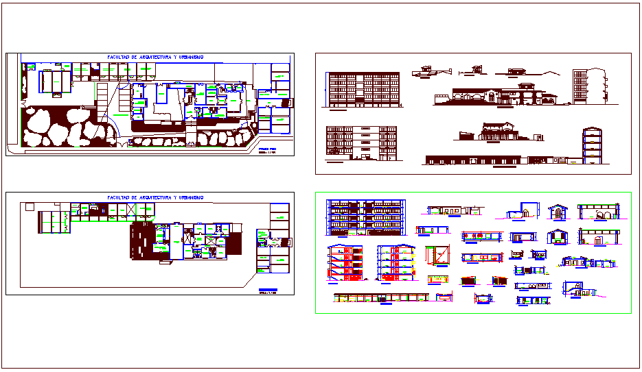 Faculty of architect collage plan & elevation with section detail dwg file