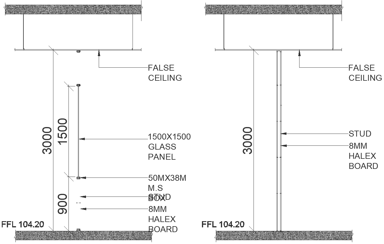 False ceiling detail in scale DWG AutoCAD drawing