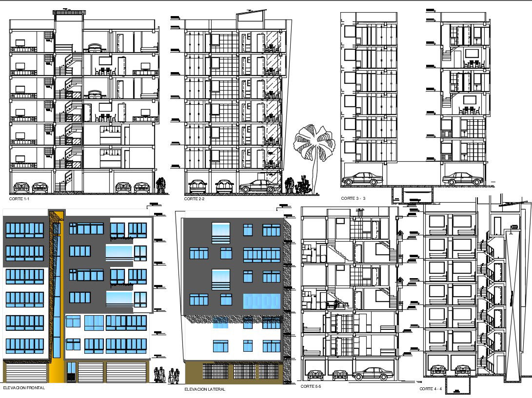 Family Building elevation 2d cad layout plan in dwg file