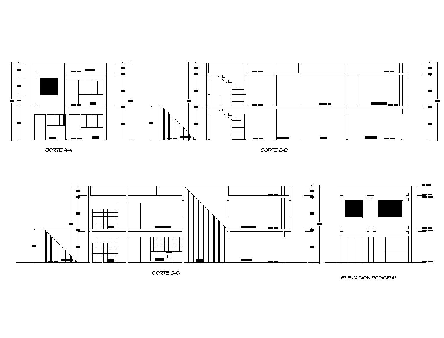 Family house in lima elevation and section dwg file