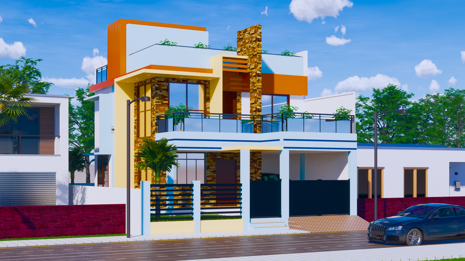 Fantastic G+1 3d house elevation design Revit file. Download this drawing Revit file on cadbull.com.