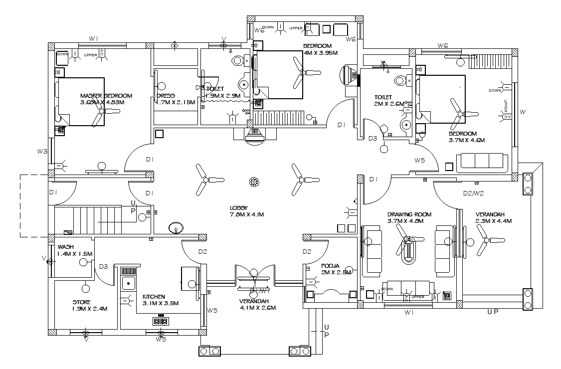 Fan unit detail of 12x8m ground floor villa plan is given in this AutoCAD drawing model.Download now.