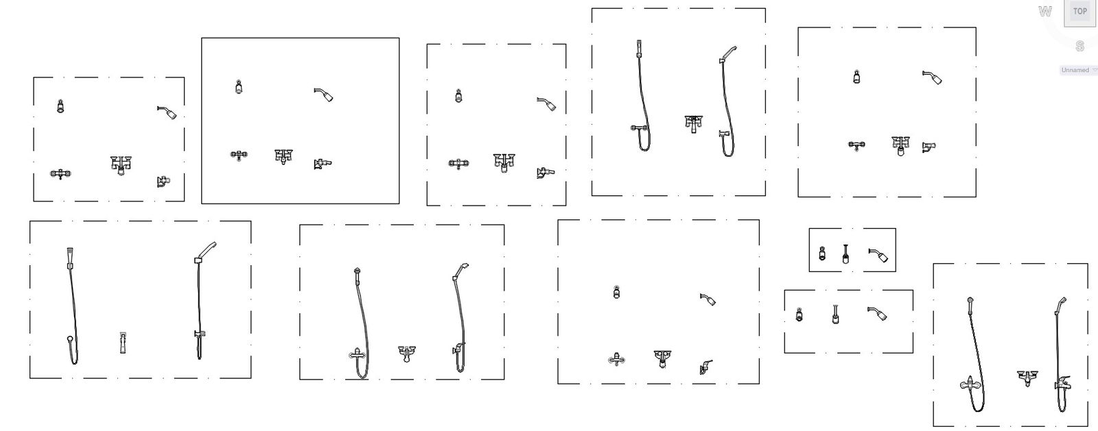 Faucets and shower block design in AutoCAD 2D drawing, CAD file.