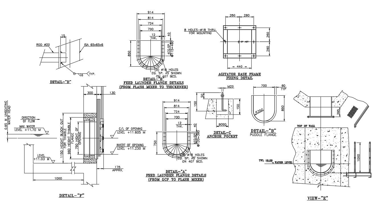 Feed Launder Flange Water Details From GCP To Flash Mixer Drawing DWG File
