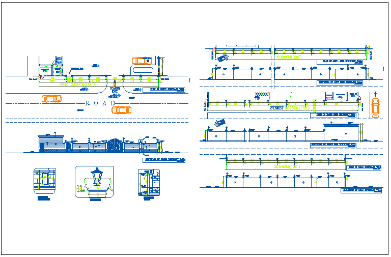 Fence details of boundary wall with gate elevation of public garden dwg file