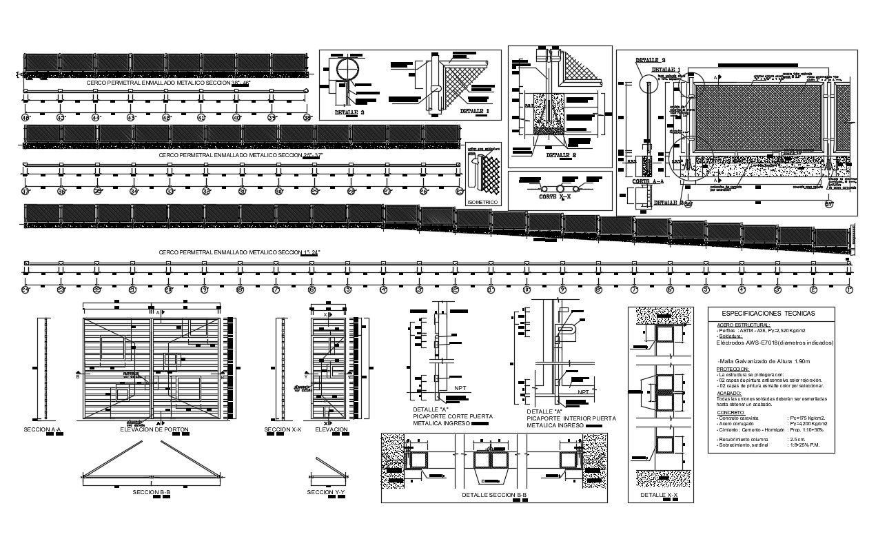 Fence elevation, section, plan and constructive structure details dwg file