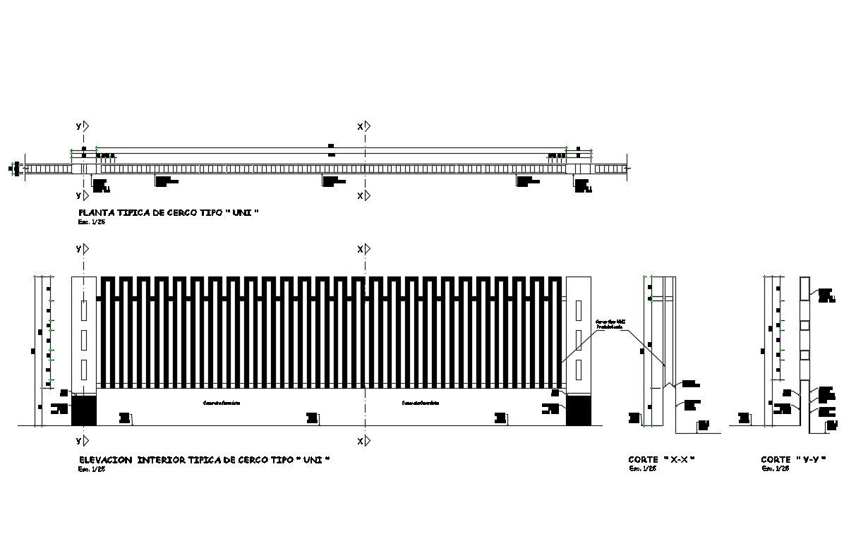 Fence elevation, section, plan and structure details dwg file