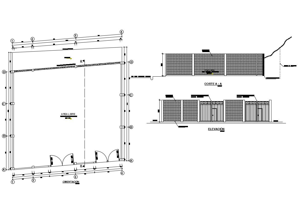 Fence elevation, section and plan cad drawing details dwg file