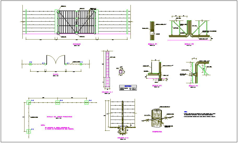 Fence of barbed wire with column and door structural view dwg file