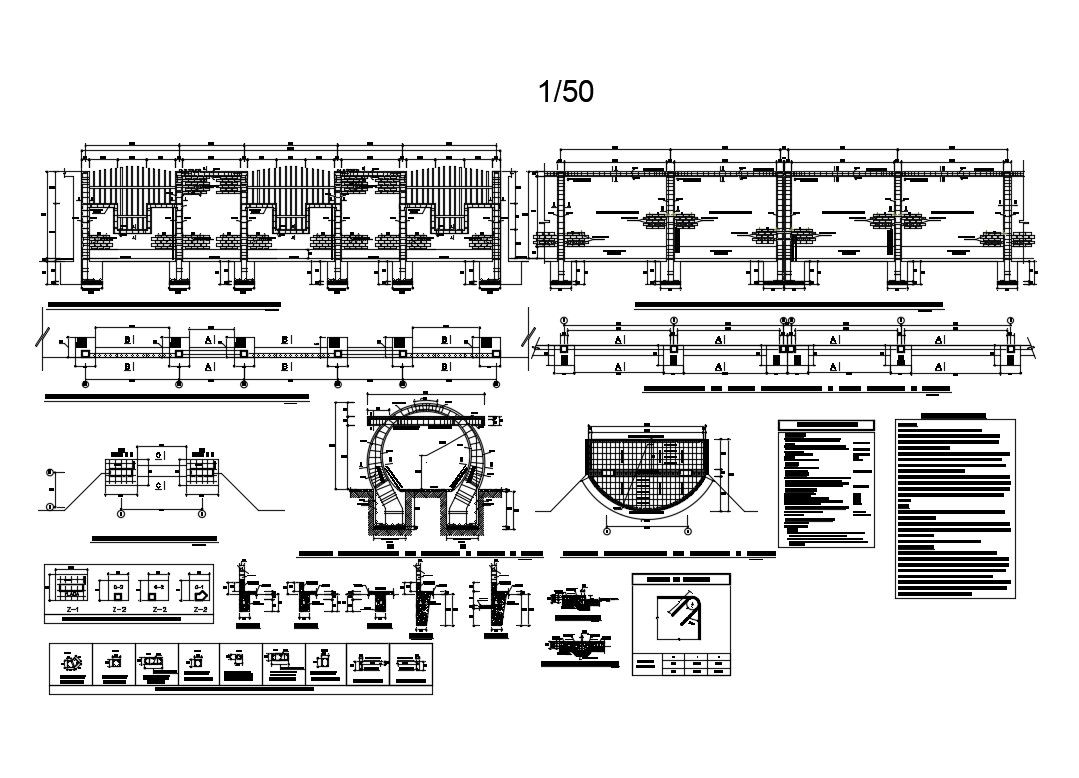 Fence section, plan and supportive wall construction details dwg file