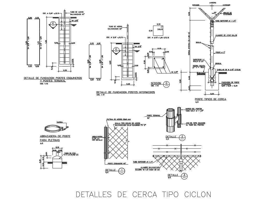 Fence section and construction details with footings dwg file