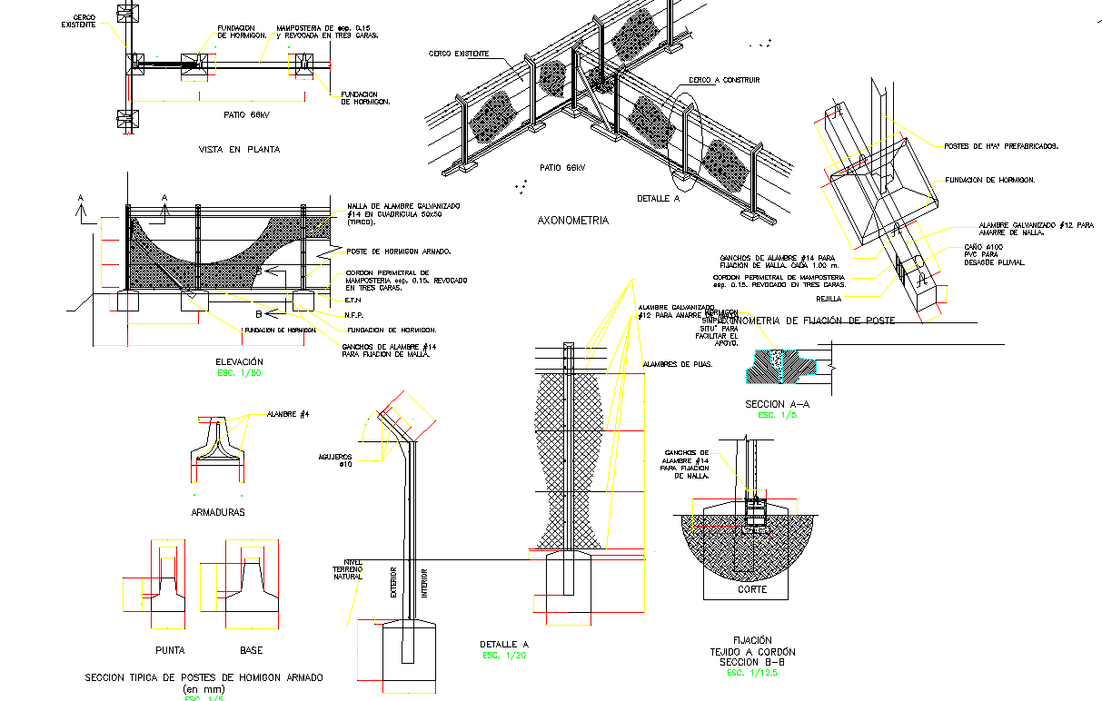 Fencing structure for boundary wall property detail view dwg file