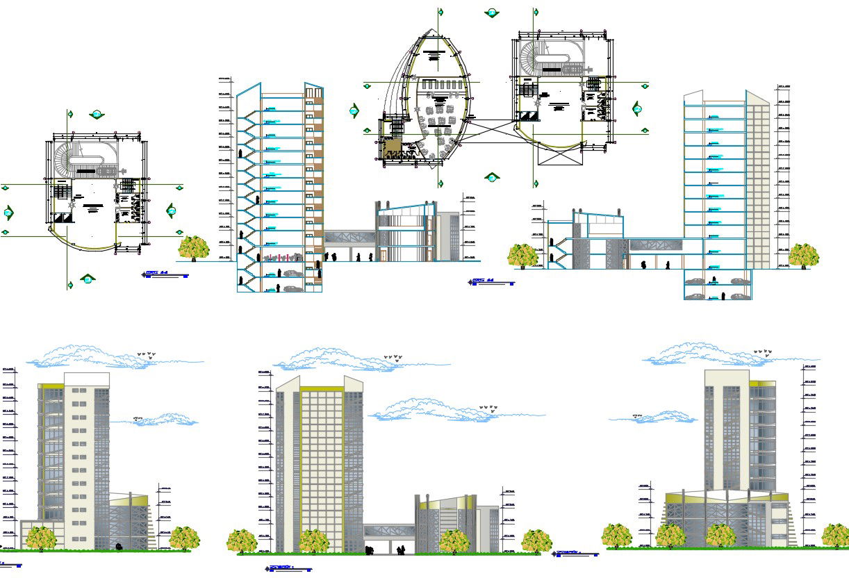 Financial center office floor plan,elevation and section view dwg file