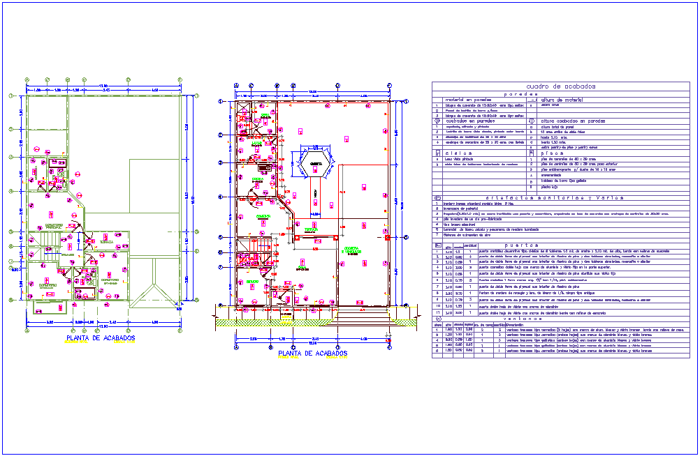 Finishing plan with material box for two level house plan with wall,door and window view for house dwg file