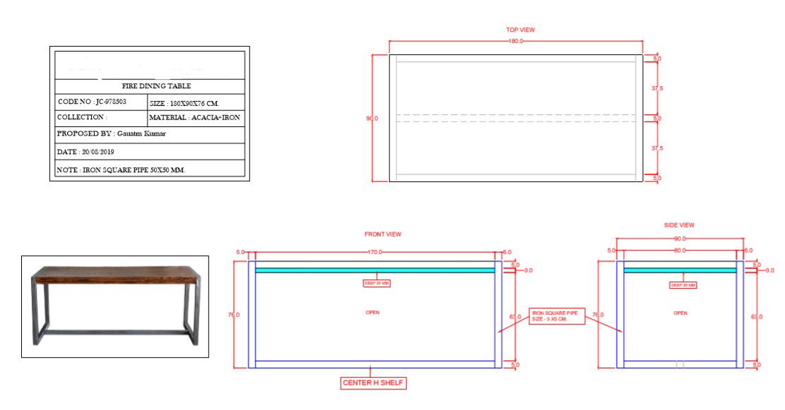 Fire Dining Table Size 180X90X76 CM With design for PDF File.