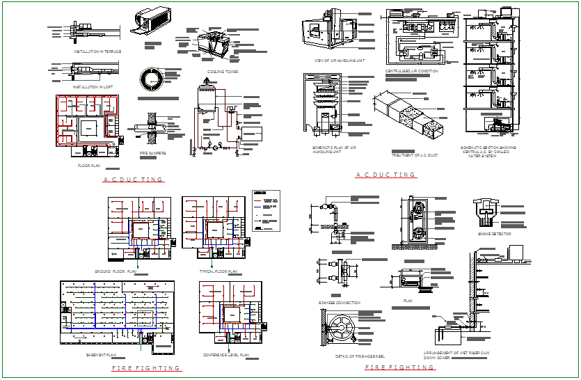 Fire fighting and AC view with pipe line for office dwg file