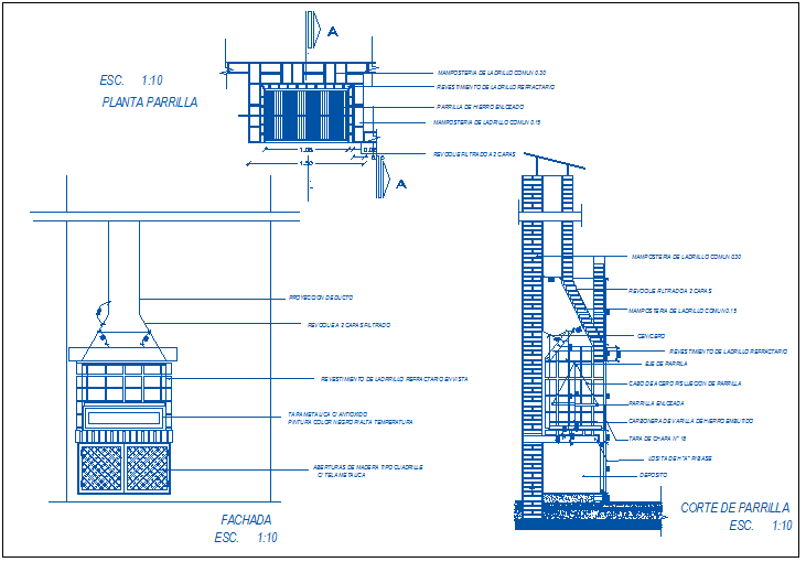 Fire place details with grill of barbecue kitchen dwg file